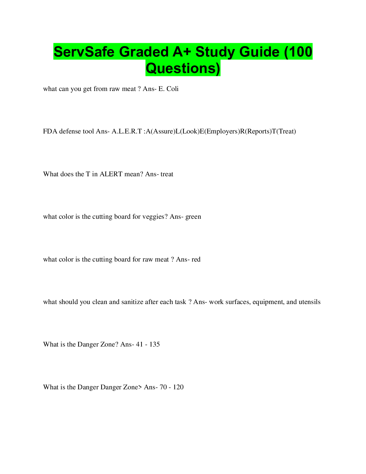 Preview image for ServSafe Graded A+ Study Guide (100  Questions)